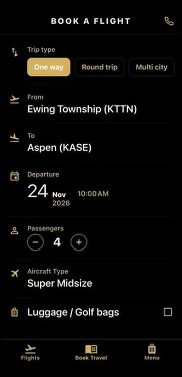 The Ascend by HERU app: Book a Flight, one way from Ewing Township (KTTN) to Aspen (KASE), 4 passengers, super midsize jet